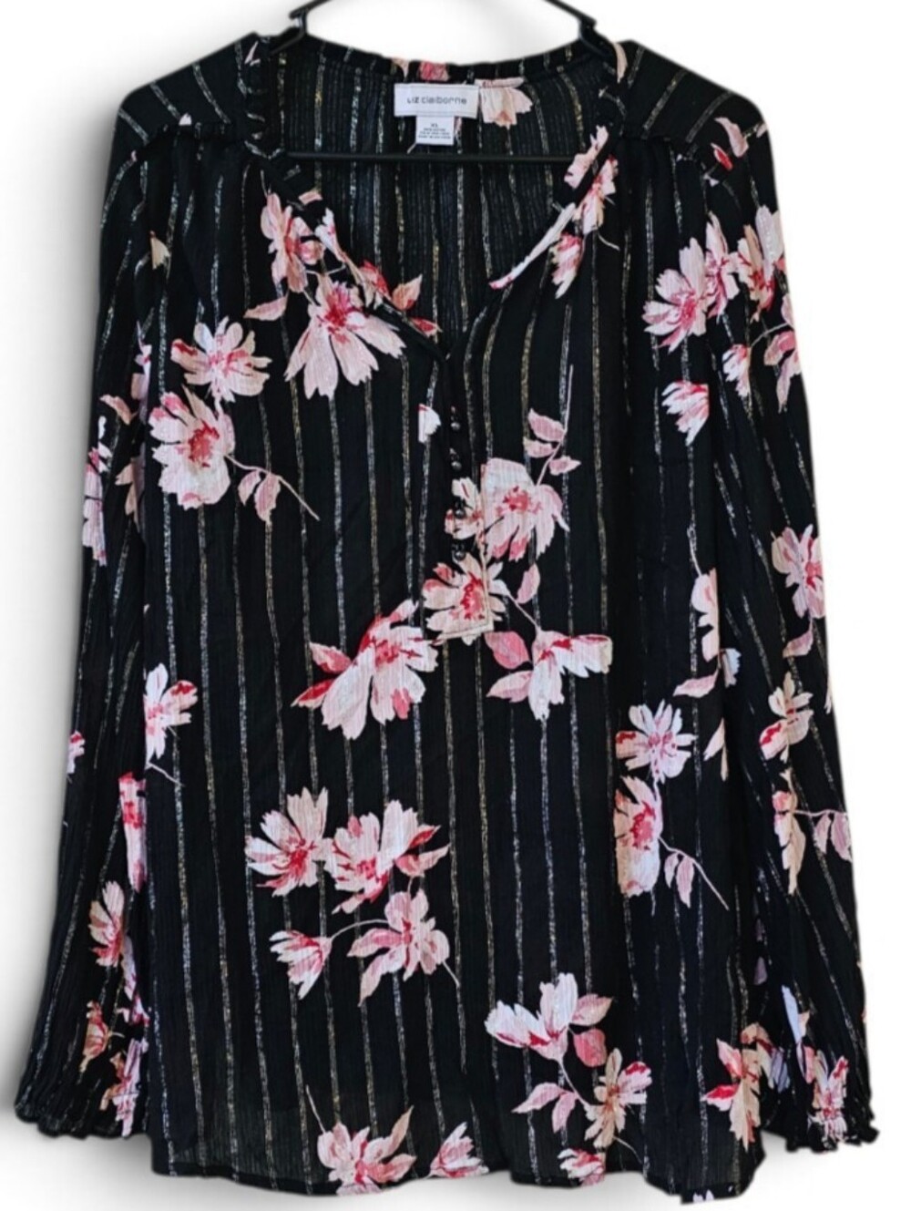 Liz Claiborne Semi Sheer Floral Metallic Long Sleeve Top Ruffle Sleeve Size XL